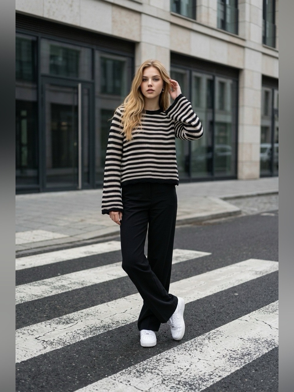 Halogen Black and White Striped Crewneck Open Knit
Sweater